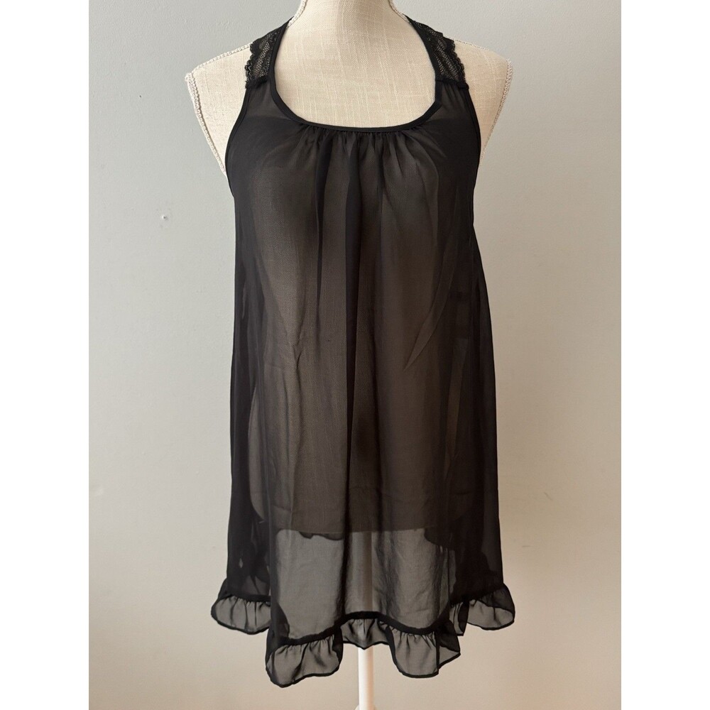 NEW Linea Donatella Sheer Black Chemise Slip Dress Lace Bow Size Small